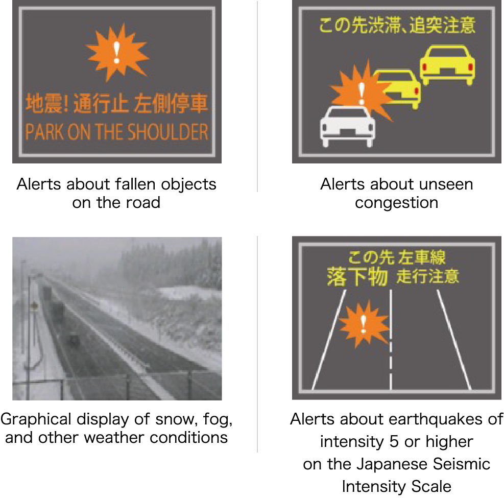 Alerts about fallen objects on the road, unseen congestion, snow/fog/other weather conditions, and earthquakes of intensity 5 or higher on the Japanese Seismic Intensity Scale
