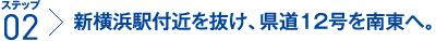 ステップ2：新横浜駅付近を抜け、県道12号を南東へ。