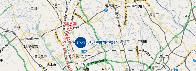 さいたま市中央区→大宮公園→荒川沿い→染井霊園→上野