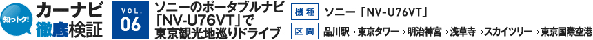 [VOL.6]ソニー ポータブルナビ「NV-U76VT」で東京観光地巡りドライブ【機種】ソニー「NV-U76VT」【区間】品川駅→東京タワー→明治神宮→浅草寺→スカイツリー→東京国際空港