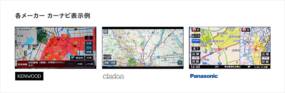 各メーカー カーナビ表示例